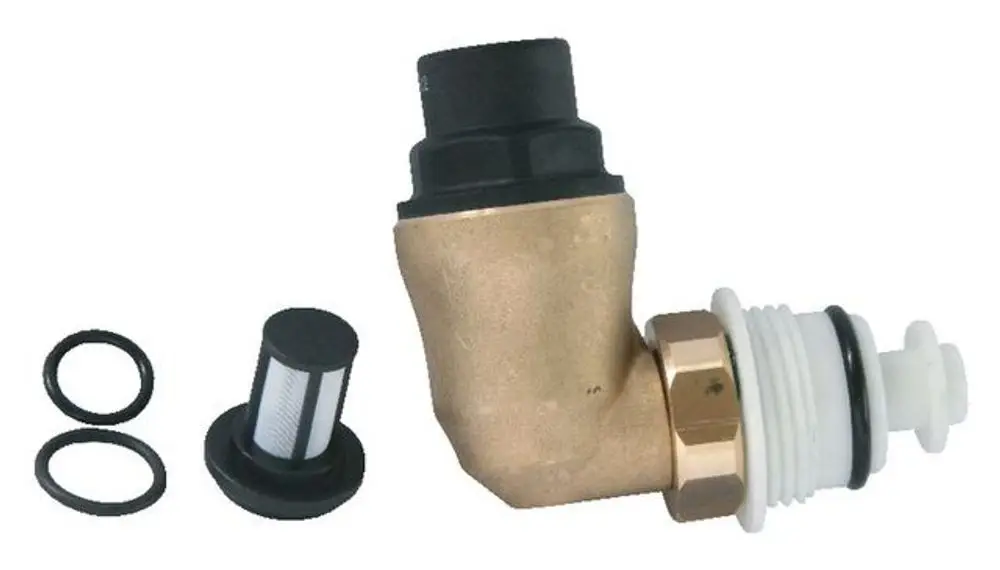Syr Druckminderer mit einem 90-Grad-Winkel, schwarzem Kunststoffanschluss, goldfarbener Metallbasis und einem beiliegenden Filter sowie zwei O-Ringen.